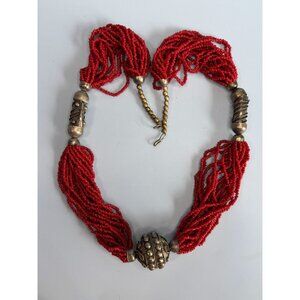 Vintage 1960s Tribal Red Coral Seed Beaded MultiStrand Necklace Oxidized Silver